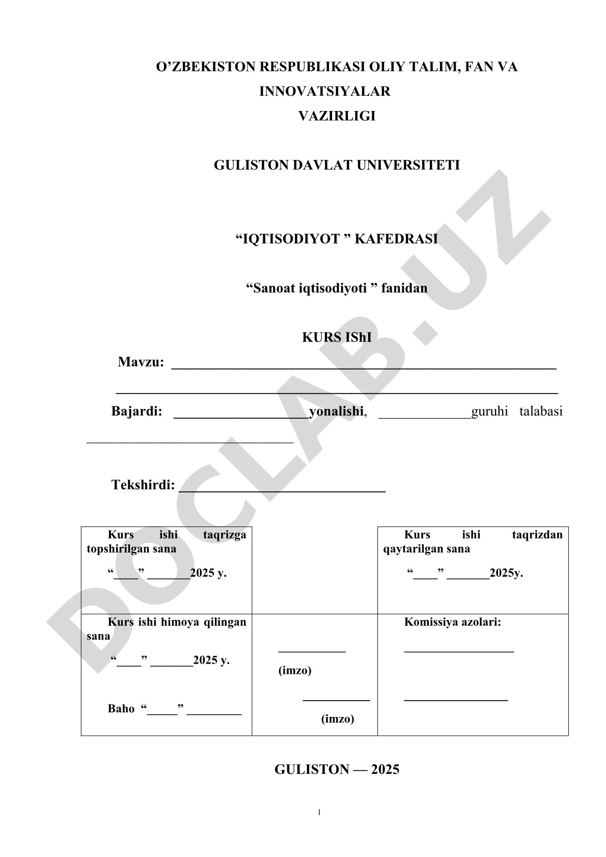 Sanoat iqtisodiyoti fanidan kurs ishi
