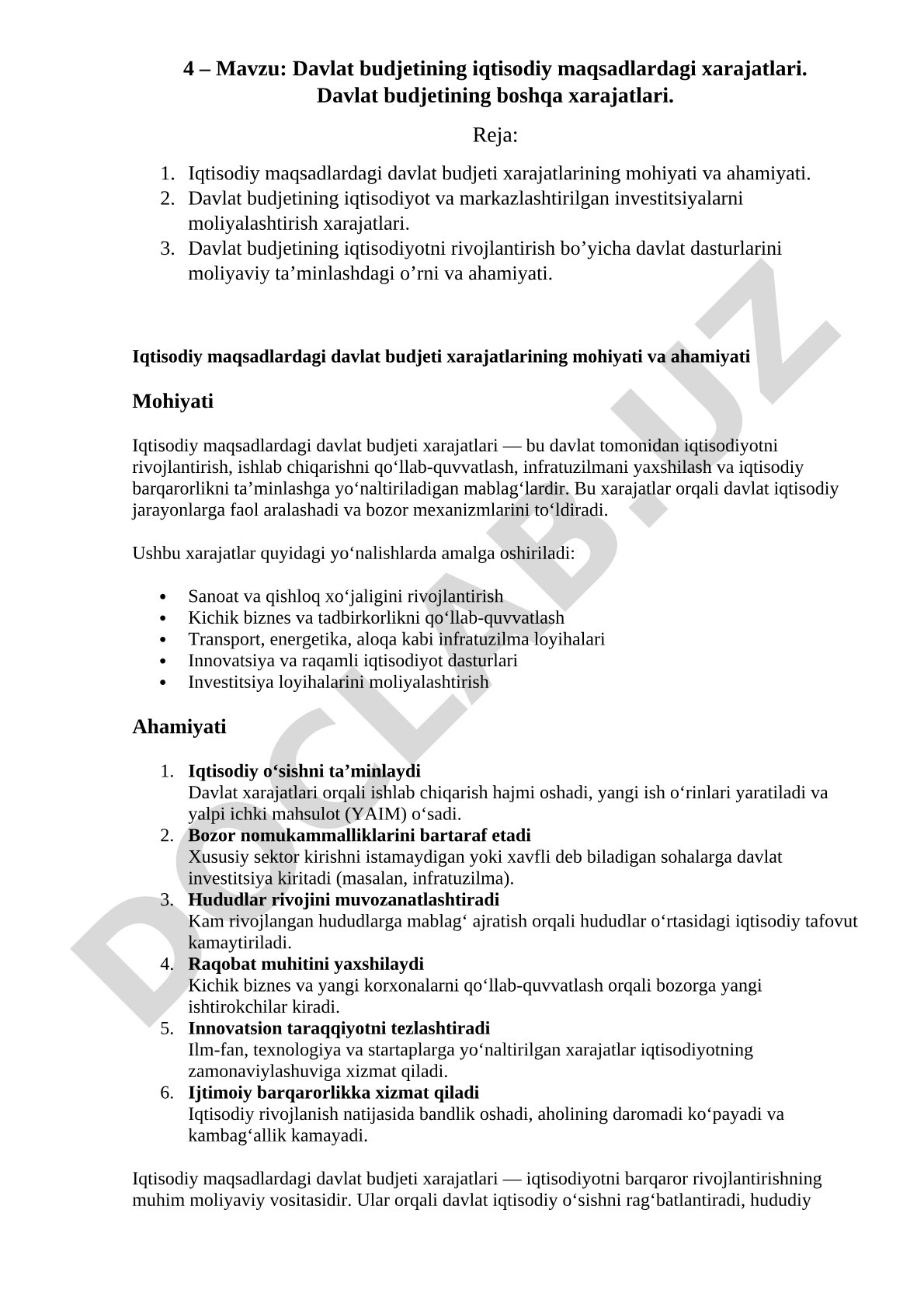 Davlat budjetining iqtisodiy maqsadlardagi xarajatlari