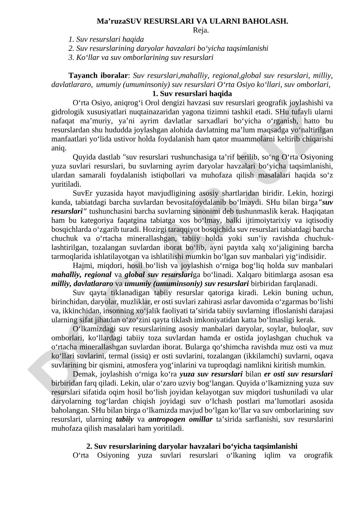 SUV RESURSLARI VA ULARNI BAHOLASH