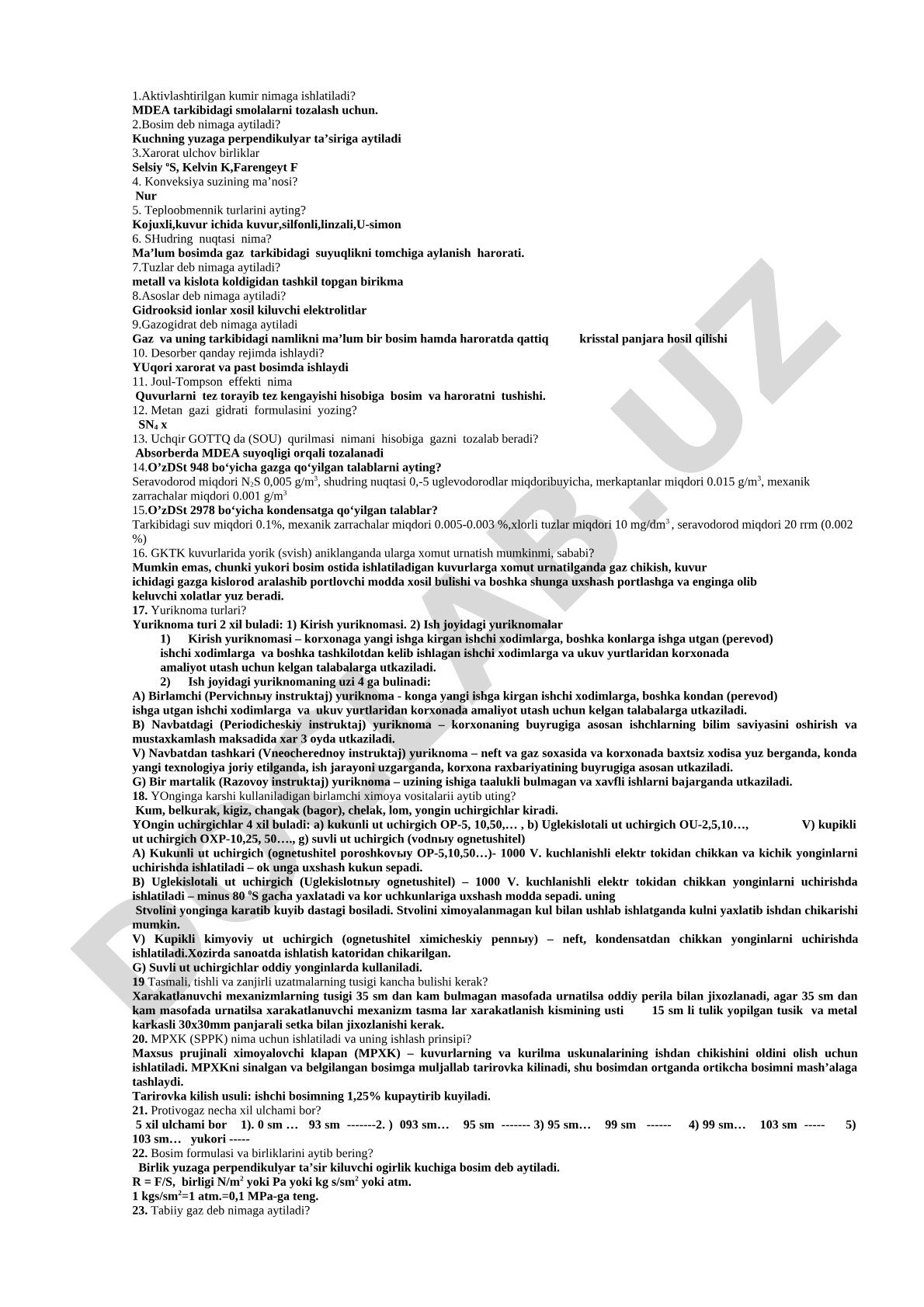 Gazni qayta ishlash texnologiyasi bo'yicha savol-javoblar
