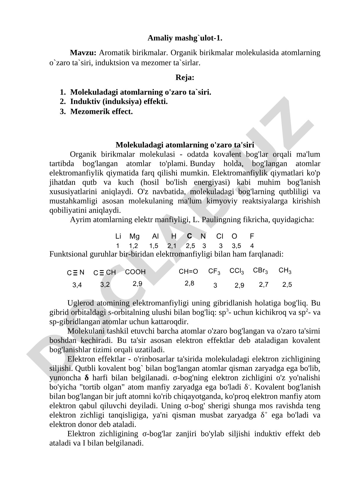 Aromatik birikmalar. Organik birikmalar molekulasida atomlarning o'zaro ta'siri, induktsion va mezomer ta'sirlar