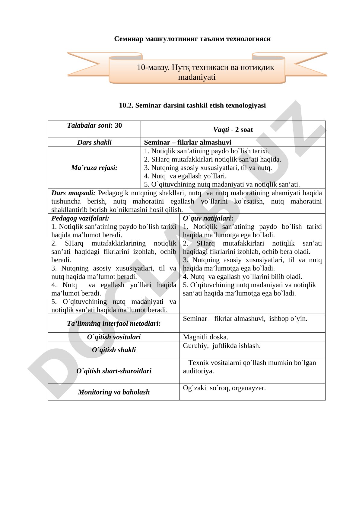 Seminar darsini tashkil etish texnologiyasi
