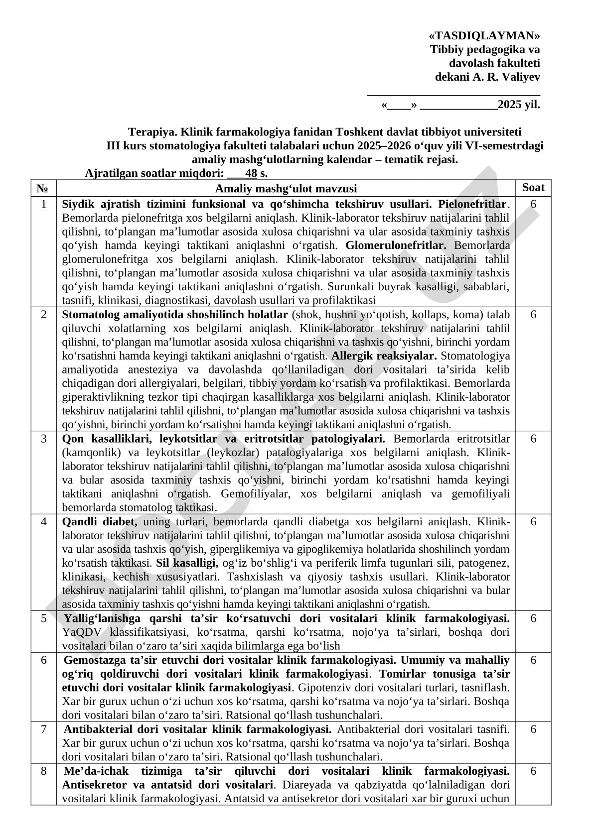 Klinik farmakologiya fanidan amaliy mashg'ulotlarning kalendar-tematik rejasi