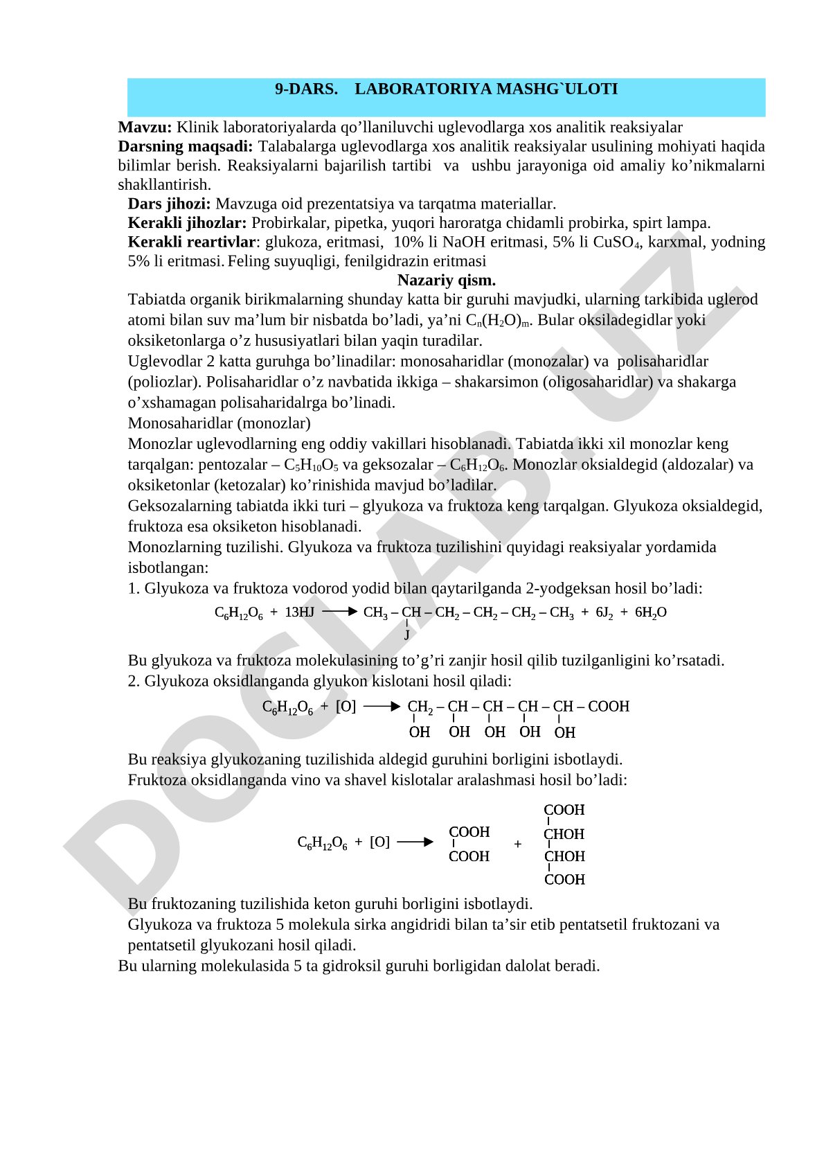 Klinik laboratoriyalarda qo'llaniluvchi uglevodlarga xos analitik reaksiyalar