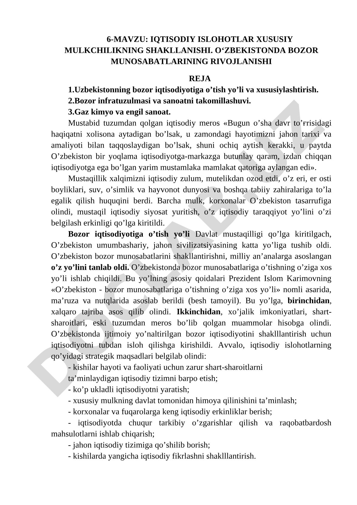 Iqtisodiy islohotlar xususiy mulkchilikning shakllanishi. O‘zbekistonda bozor munosabatlarining rivojlanishi