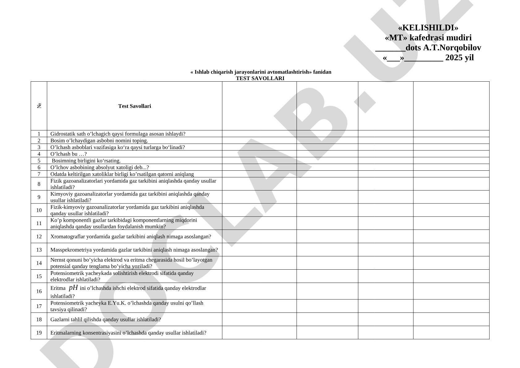 Ishlab chiqarish jarayonlarini avtomatlashtirish fanidan test savollari