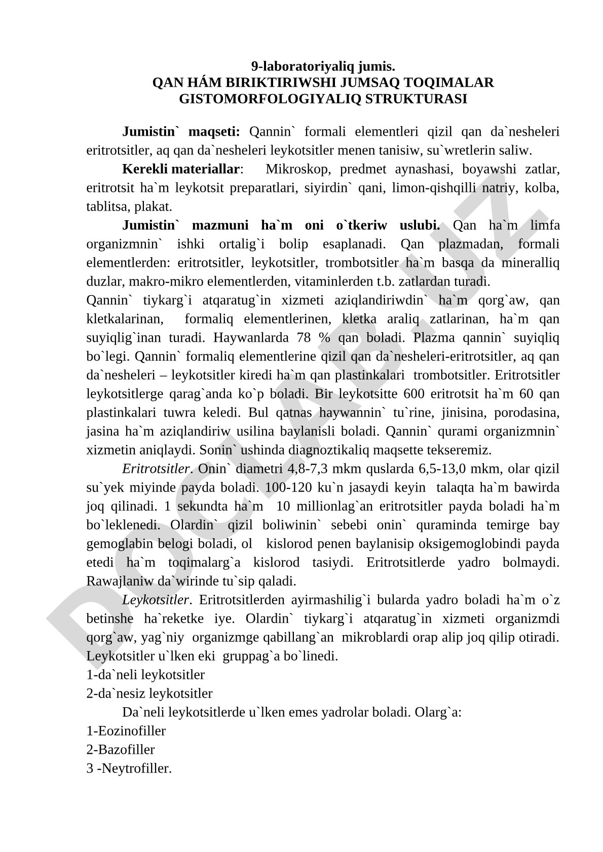 9-laboratoriyaliq jumis. QAN HÁM BIRIKTIRIWSHI JUMSAQ TOQIMALAR GISTOMORFOLOGIYALIQ STRUKTURASI