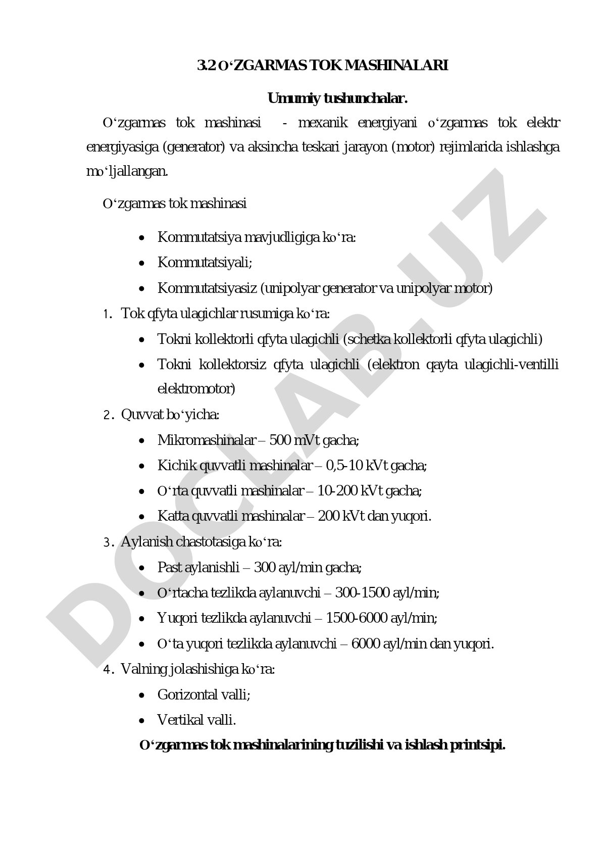 O'zgarmas tok mashinalari tasnifi va ishlash printsipi