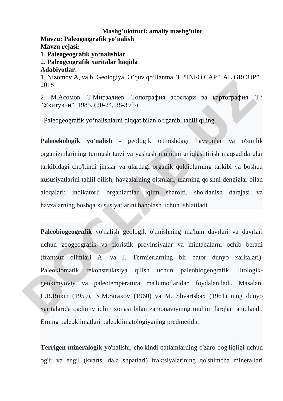 Paleogeografik yo‘nalishlar va xaritalar haqida amaliy mashg‘ulot materiali