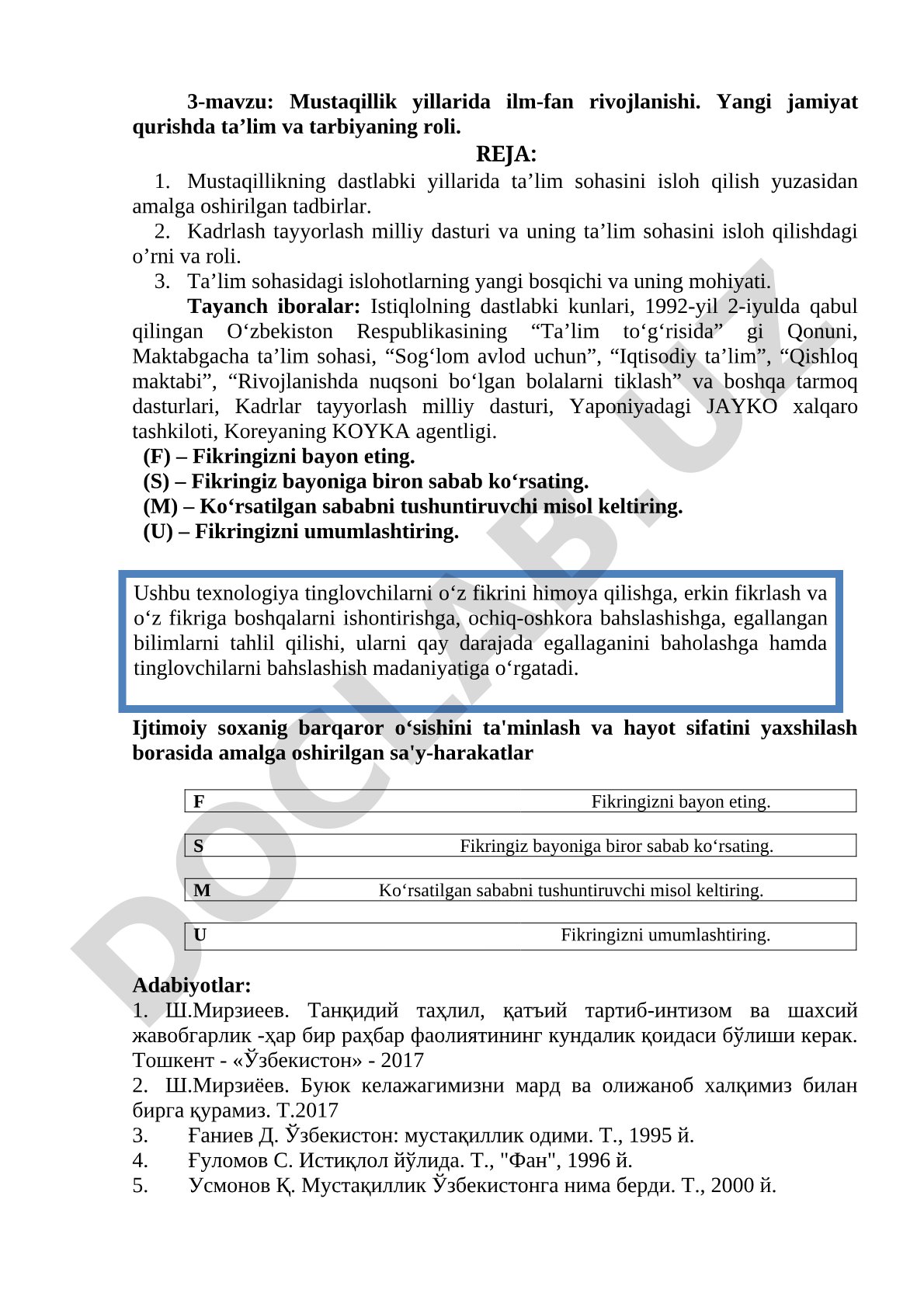 Mustaqillik yillarida ilm-fan rivojlanishi. Yangi jamiyat qurishda ta’lim va tarbiyaning roli