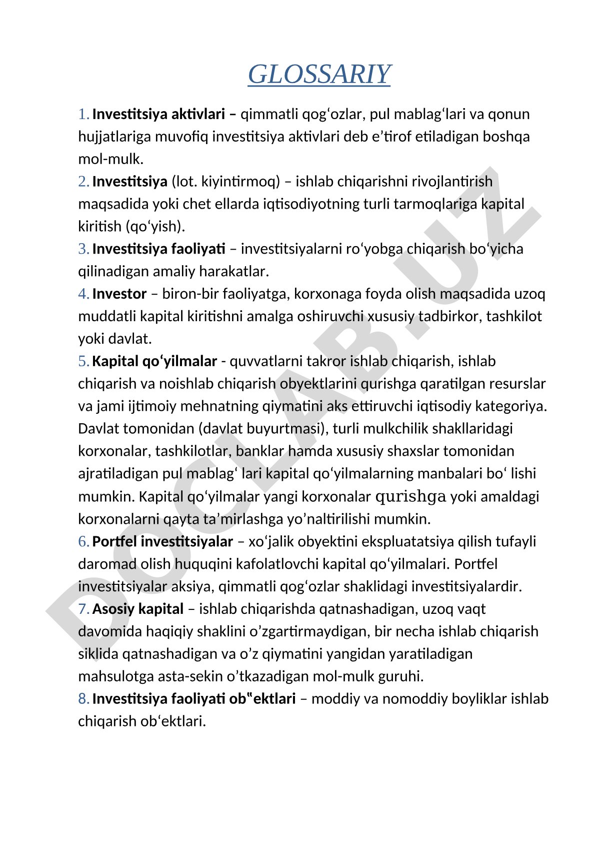 Investitsiya, investor, kapital qo'yilmalar, portfel investitsiyalar atamalarining izohli