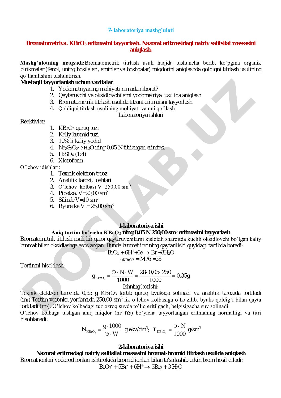 Bromatometriya. KBrO3 eritmasini tayyorlash. Natriy salitsilat massasini aniqlash