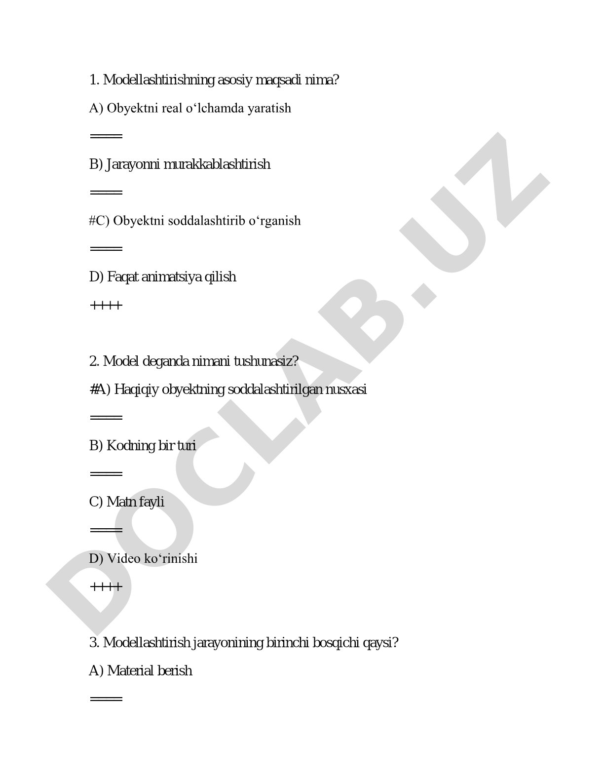 Modellashtirish va kompyuter grafikasi test savollari