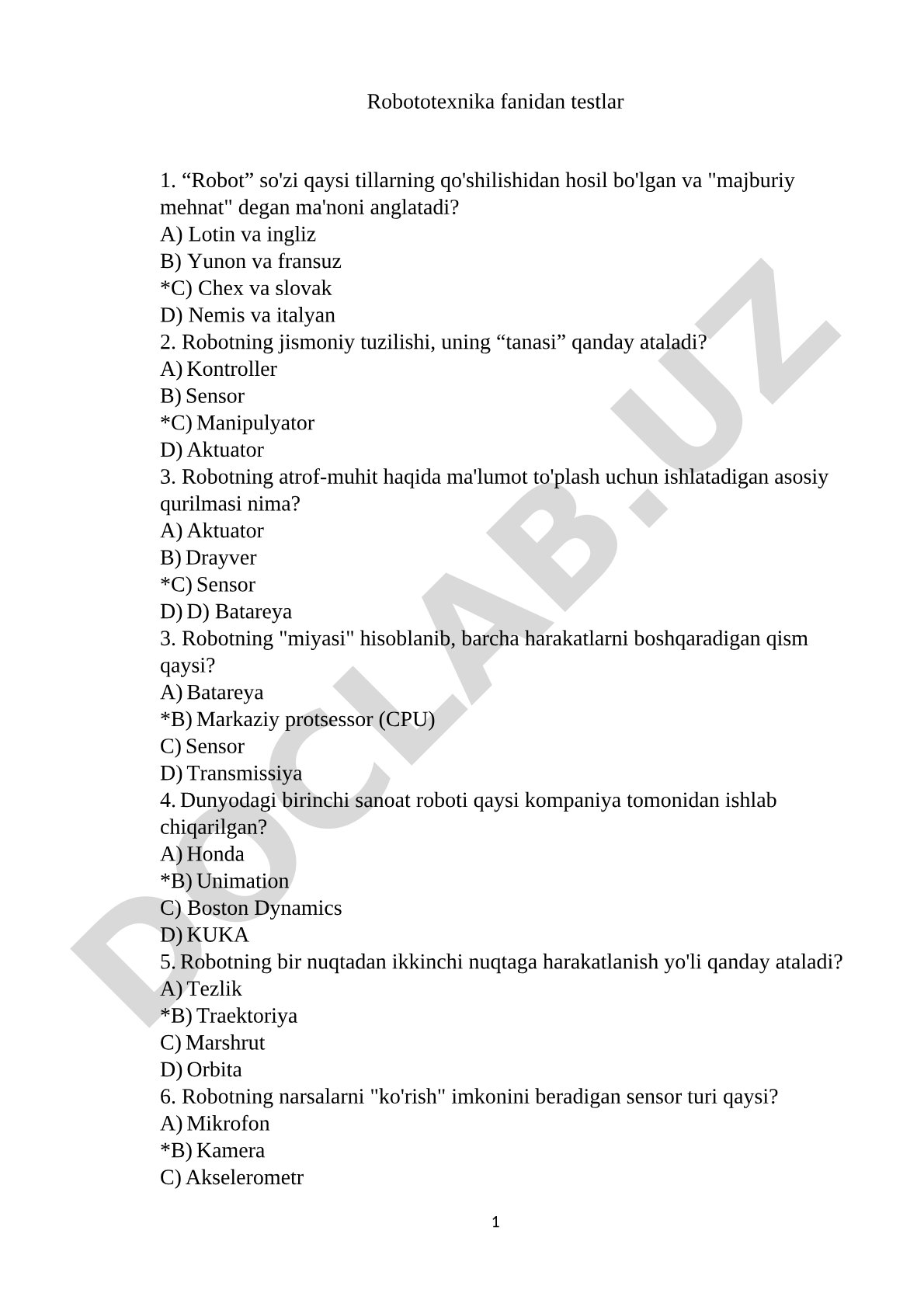 Robototexnika fanidan testlar
