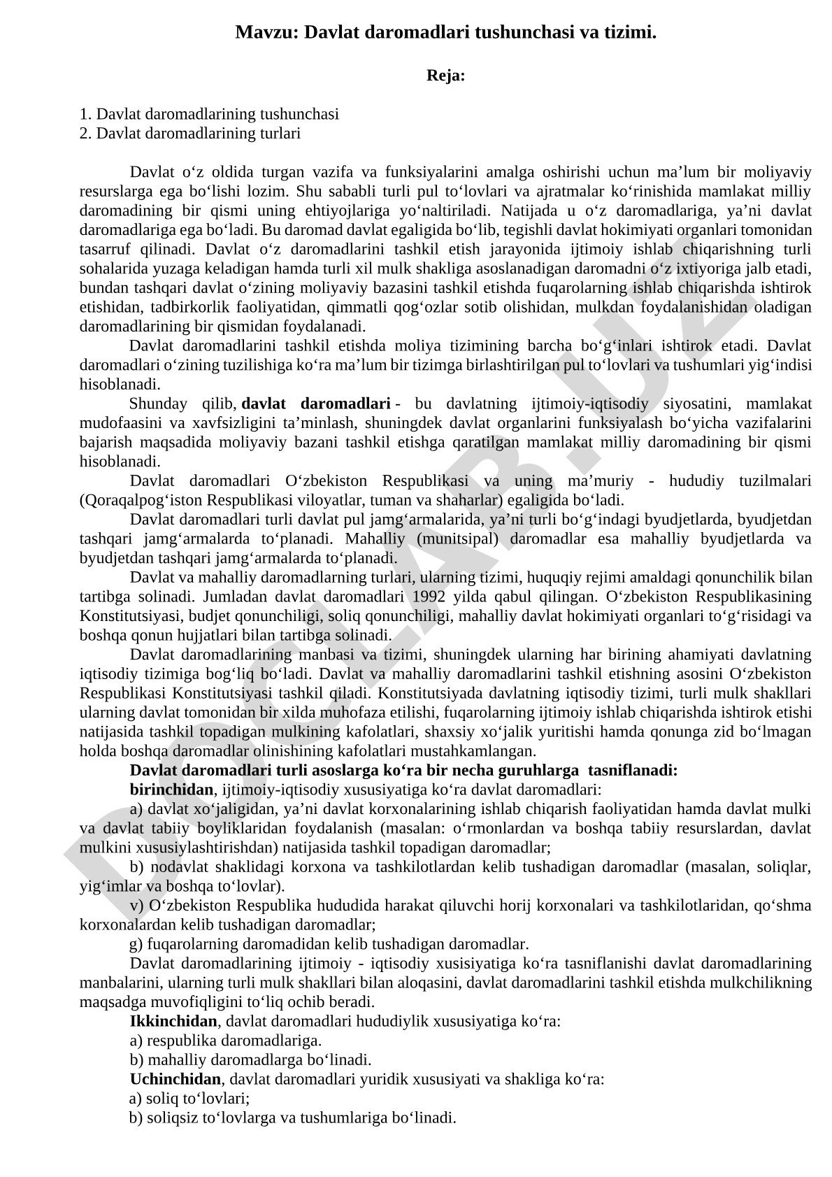 Davlat daromadlari tushunchasi va tizimi