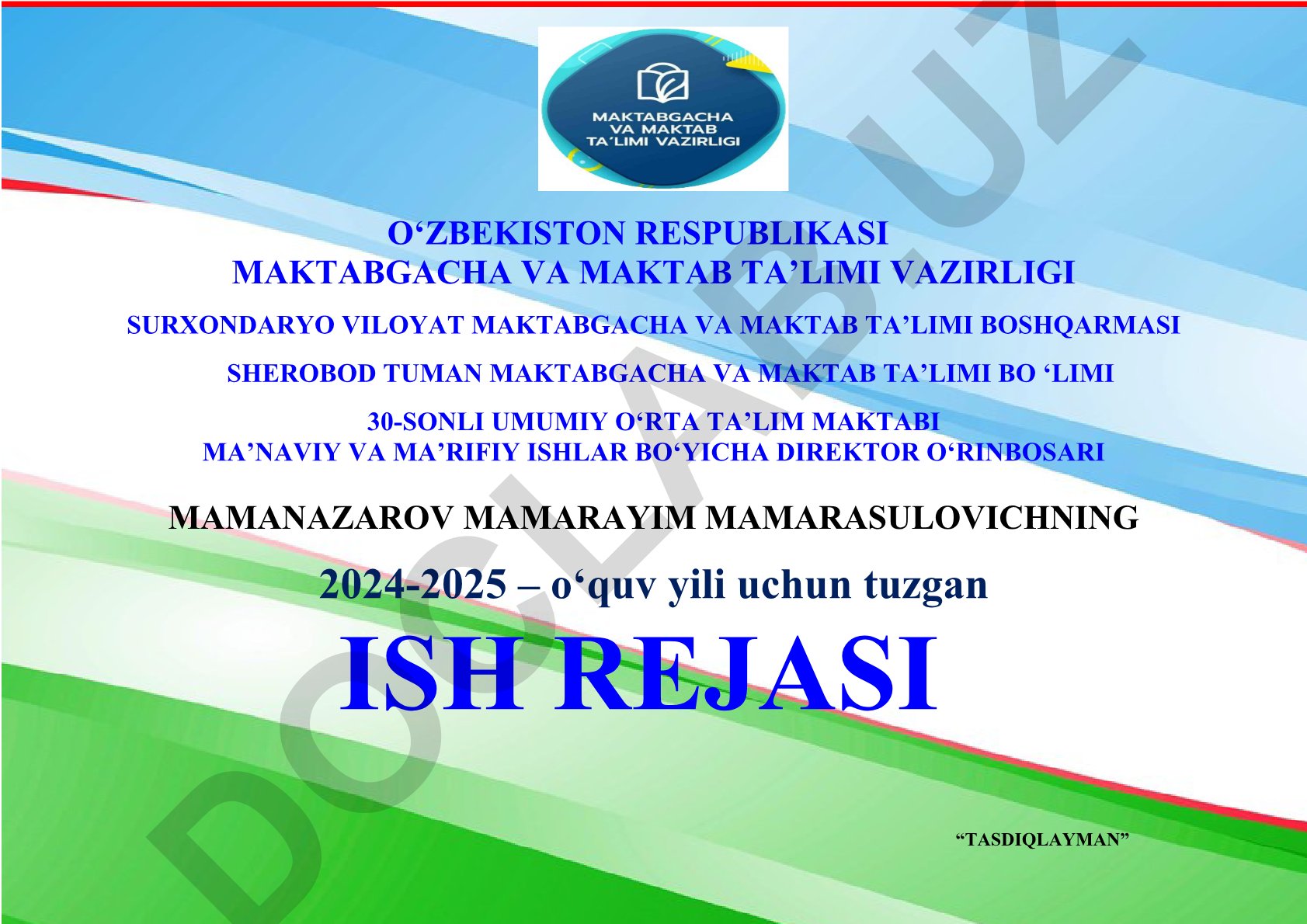 2024-2025 o'quv yili uchun ma'naviy-ma'rifiy tadbirlar ish rejasi