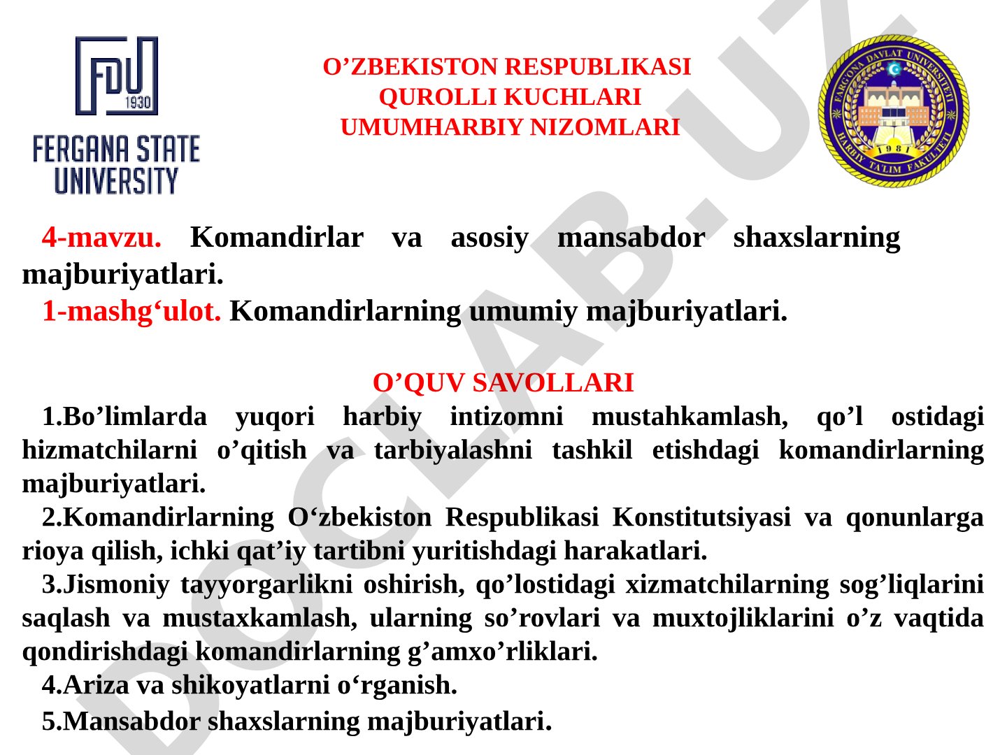 Komandirlar va asosiy mansabdor shaxslarning majburiyatlari