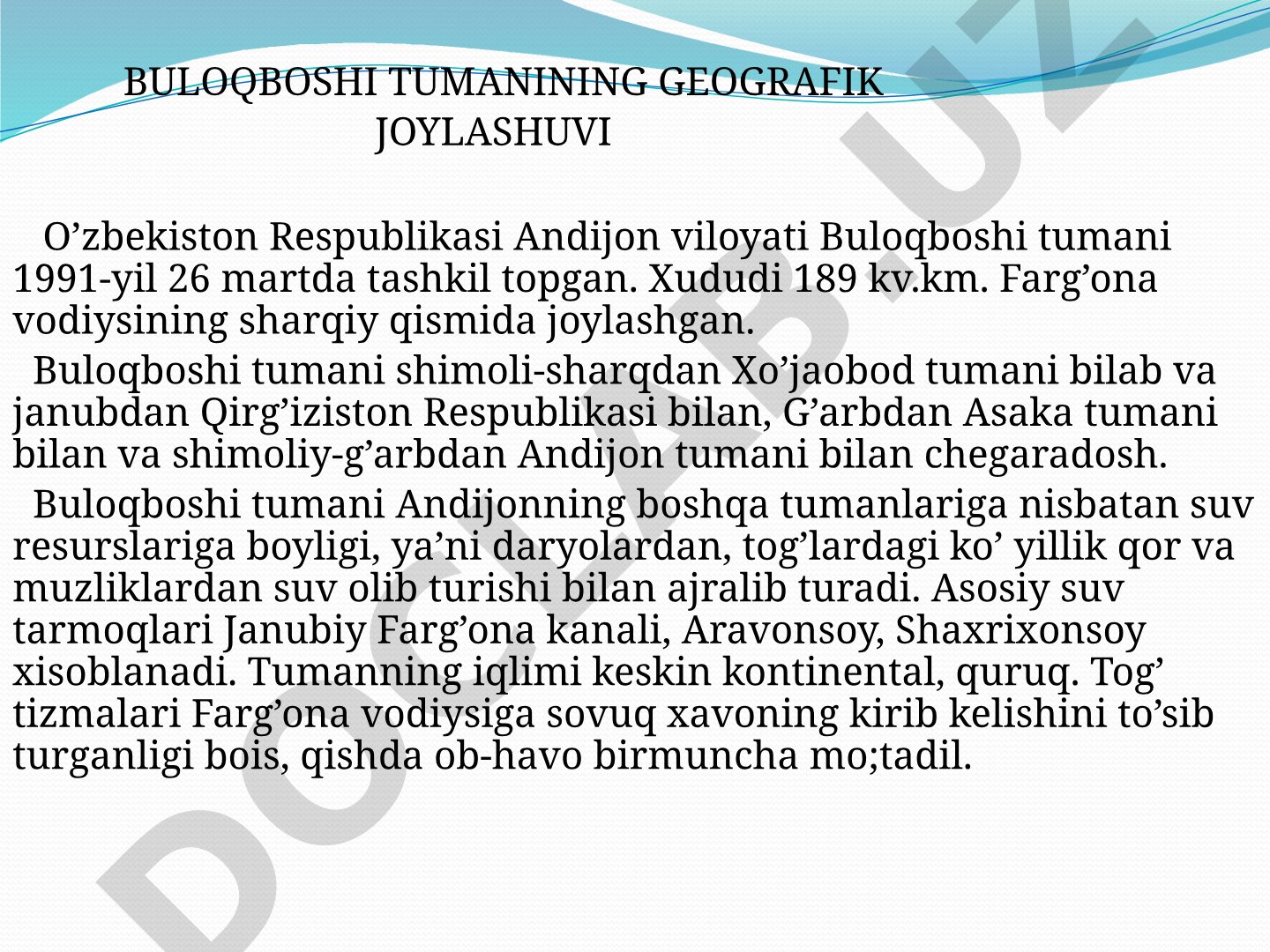 Buloqboshi tumanining geografik joylashuvi