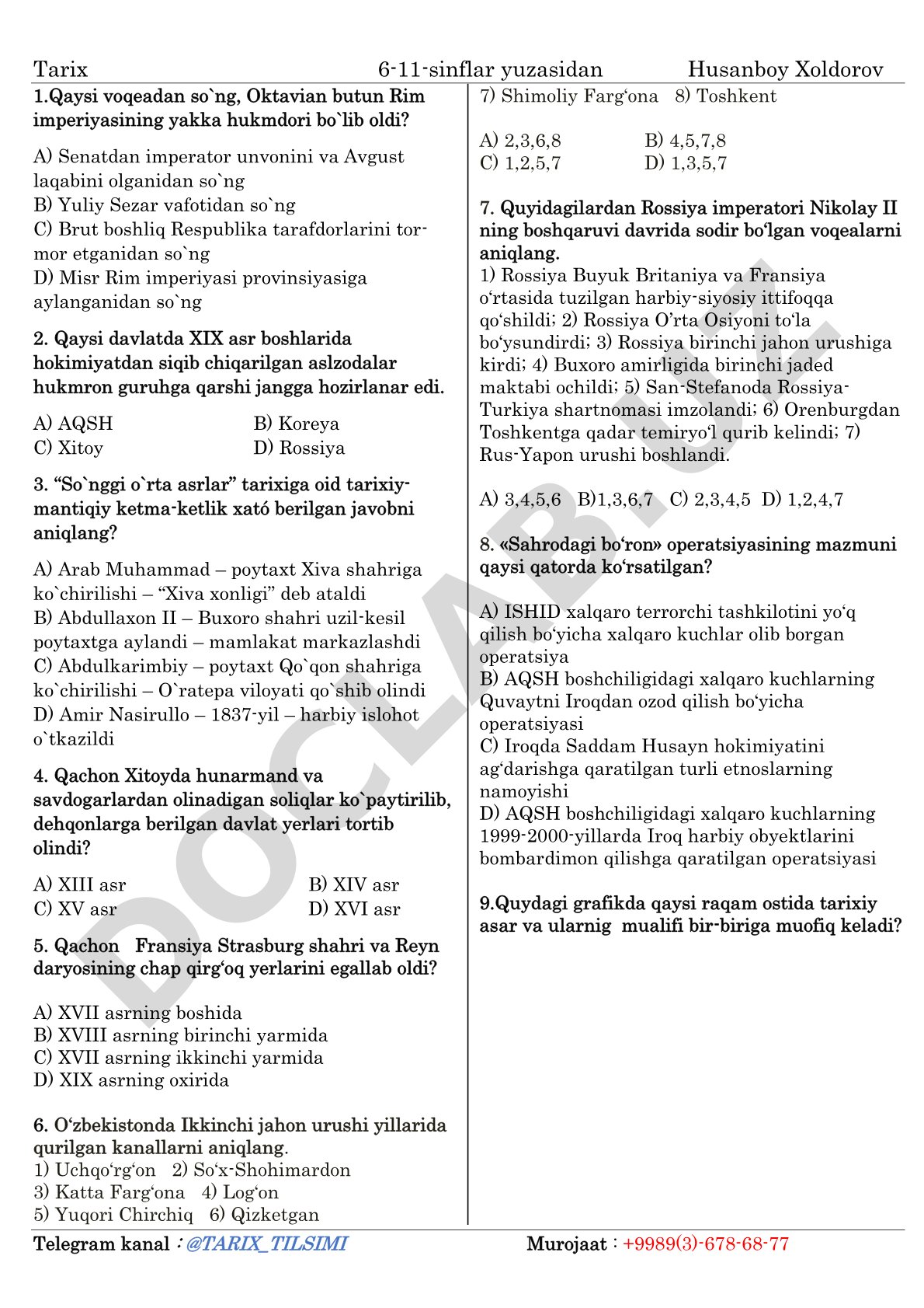 Tarix 6-11-sinflar yuzasidan test savollari