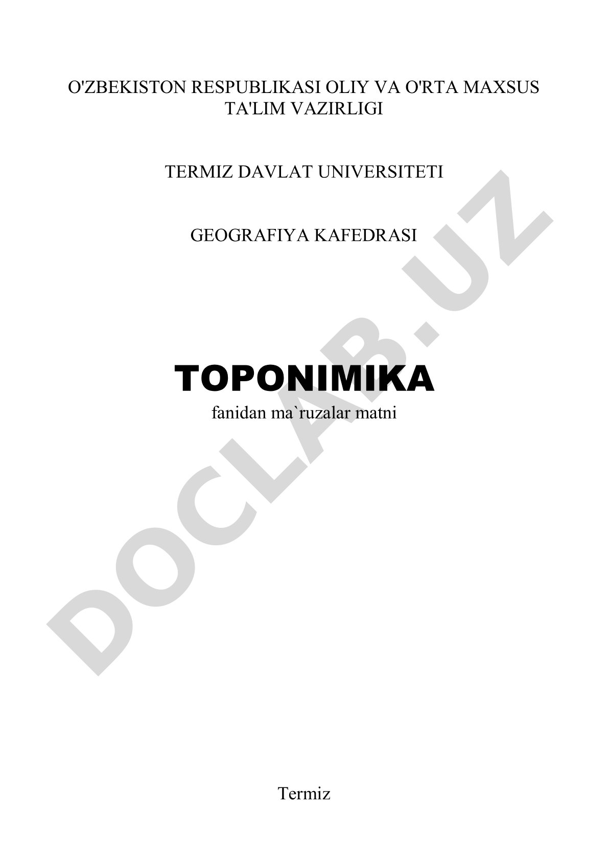 Toponimika fanidan ma'ruzalar matni