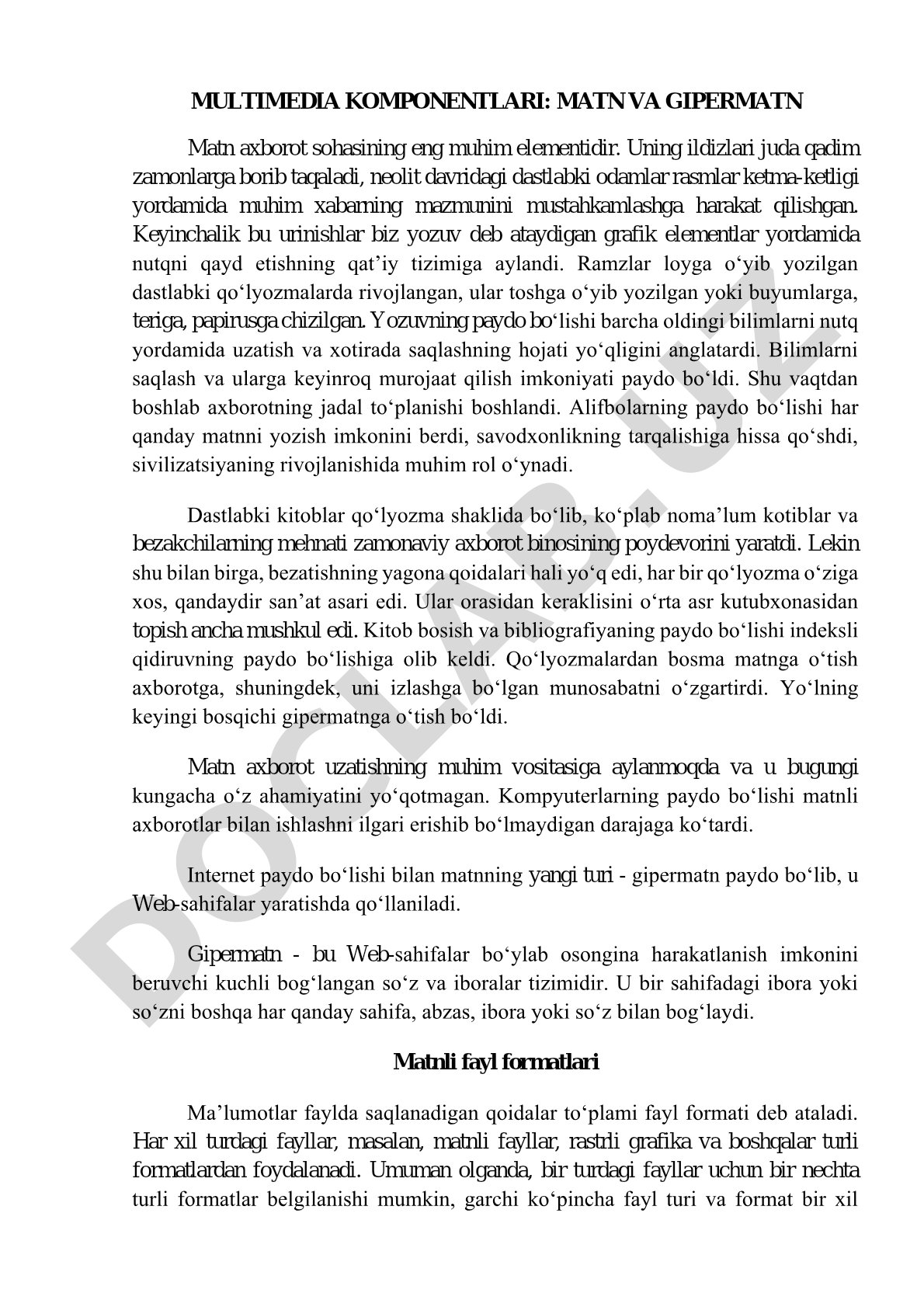 MULTIMEDIA KOMPONENTLARI: MATN VA GIPERMATN