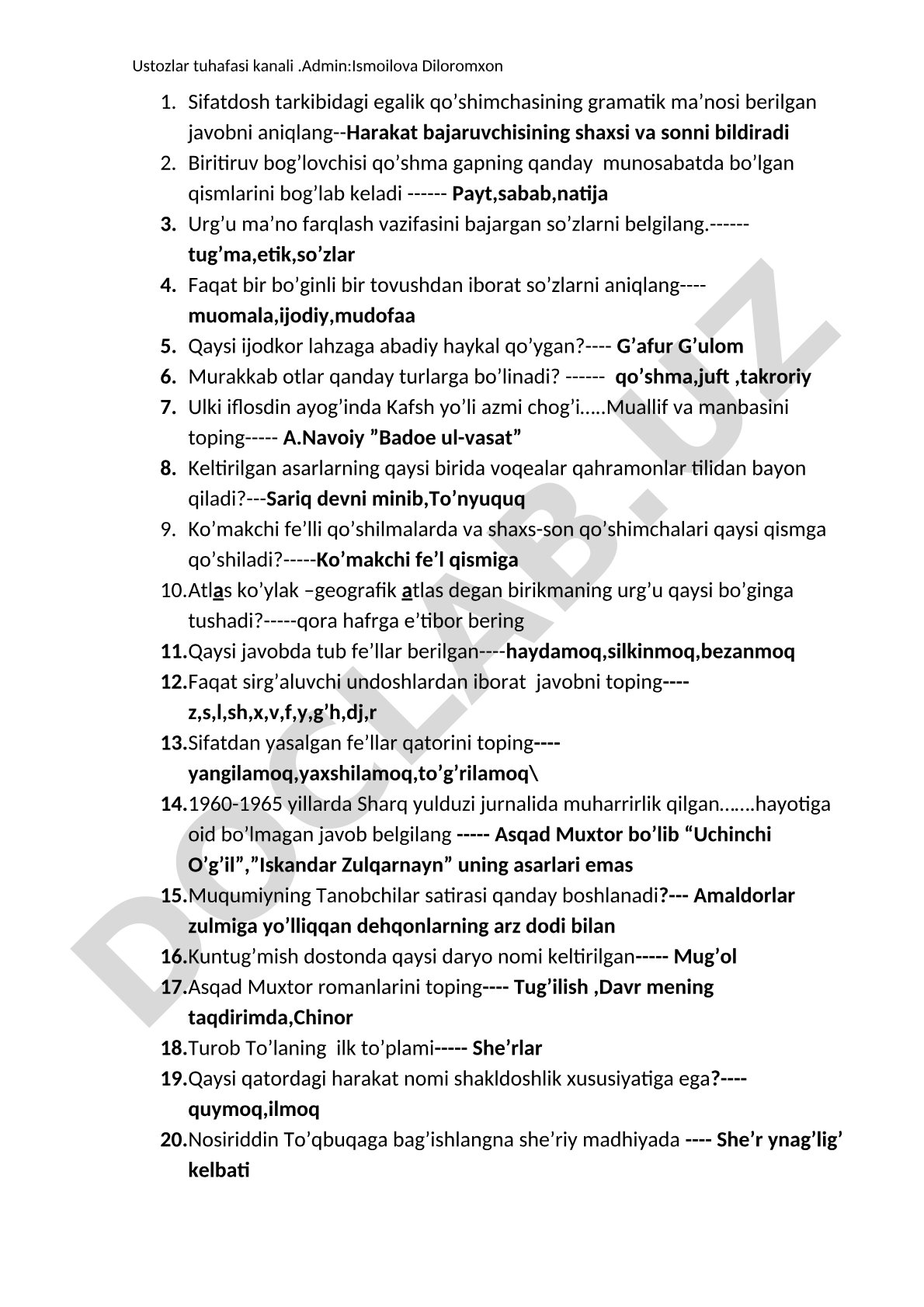 O'zbek tili grammatikasi va adabiyotidan savol-javoblar