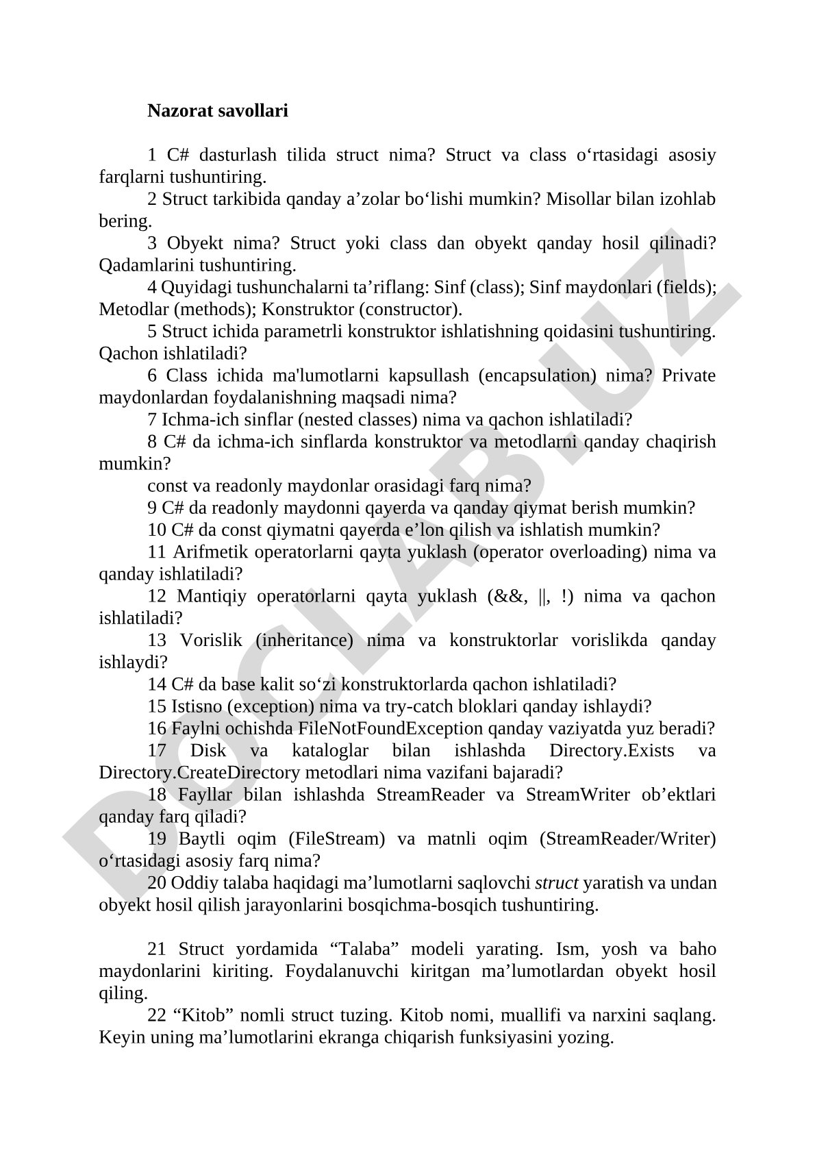C# dasturlash tilida struct va class farqlari, obyekt, kapsullash, vorislik