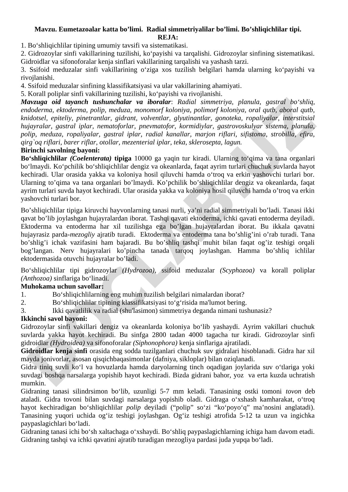 Eumetazoalar katta bo’limi. Radial simmetriyalilar bo’limi. Bo’shliqichlilar tipi.