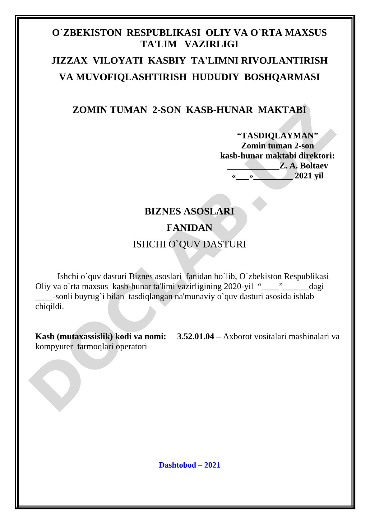 Biznes asoslari fanidan ishchi o'quv dasturi
