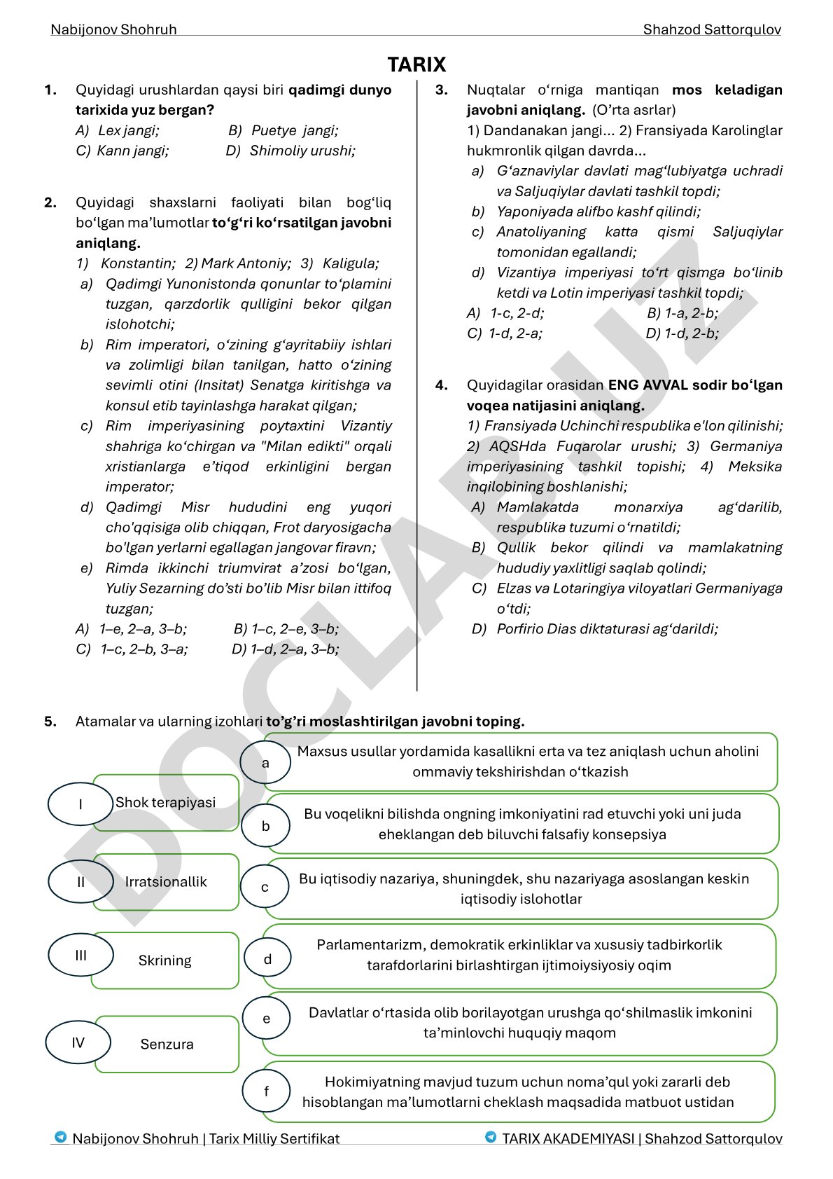 Qadimgi dunyo tarixi test savollari