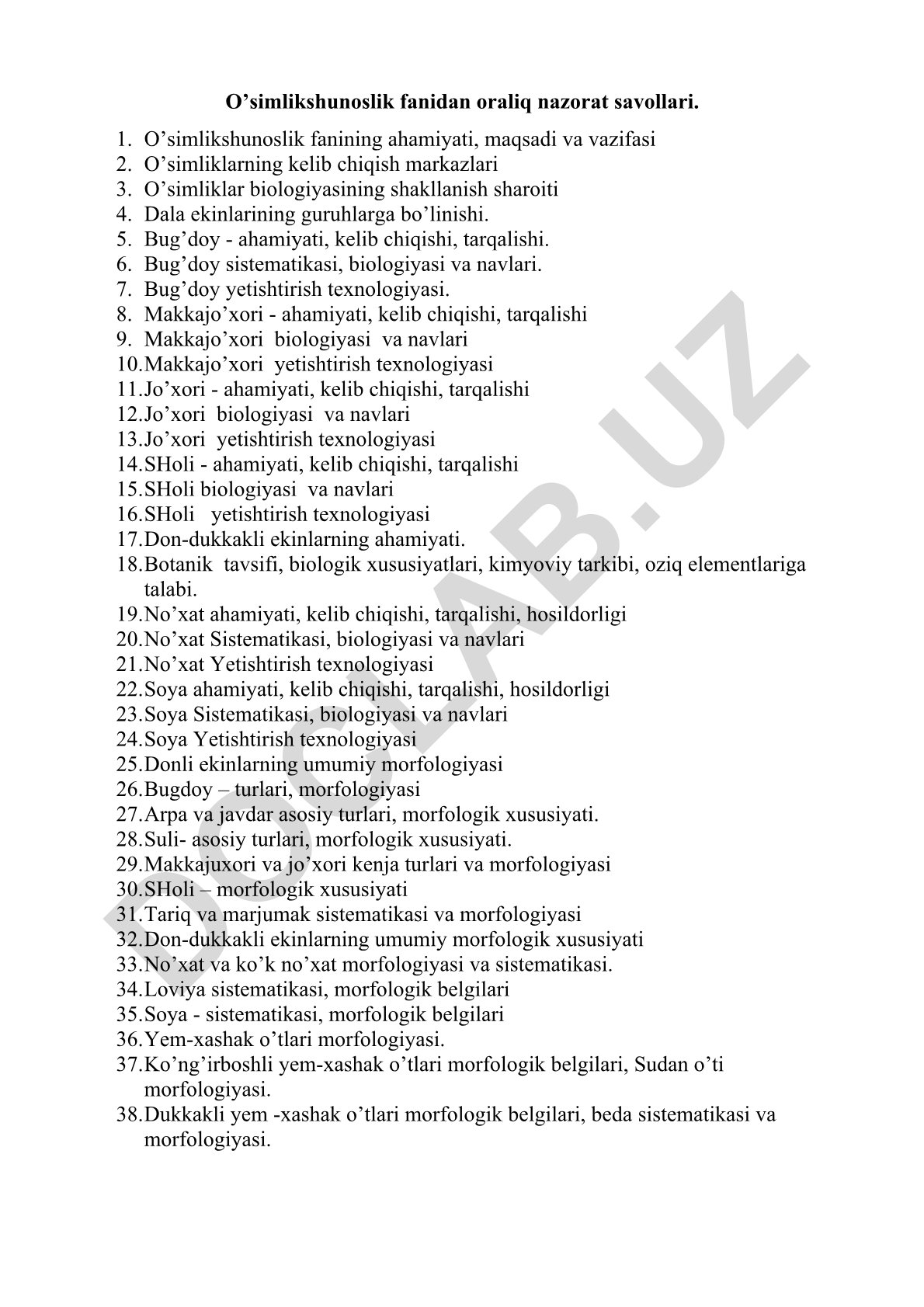 O'simlikshunoslik fanidan oraliq nazorat savollari