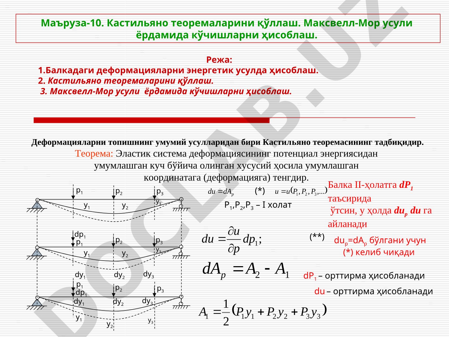 Кастильяно теоремаларини қўллаш. Максвелл-Мор усули ёрдамида кўчишларни ҳисоблаш.