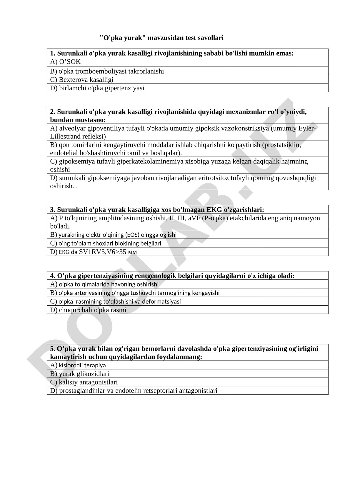 O'pka yurak kasalligi test savollari