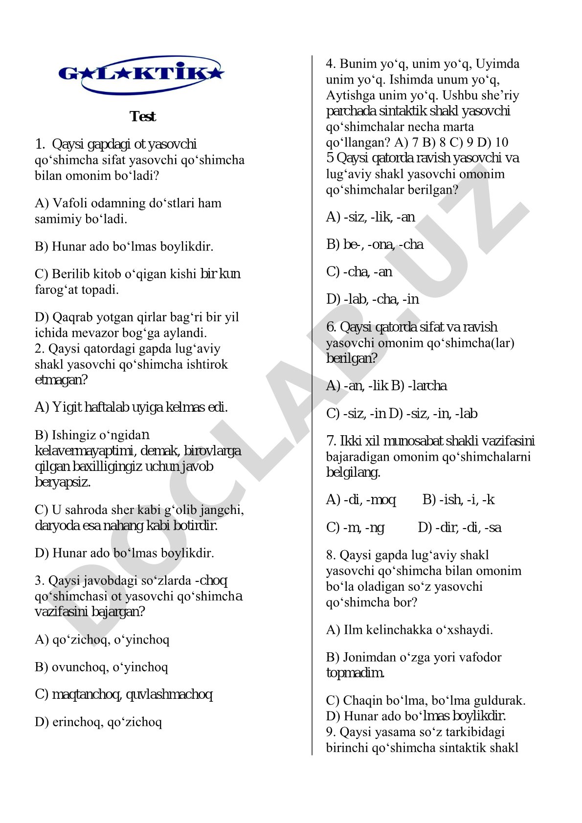 So'z yasovchi va shakl yasovchi qo'shimchalar testi