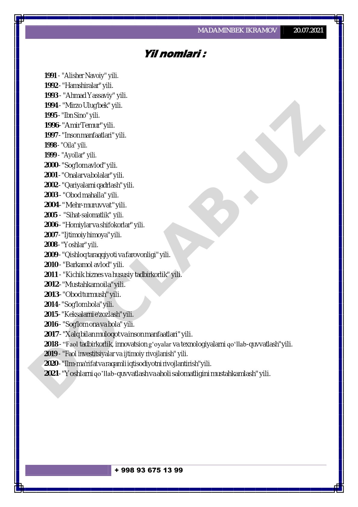 O'zbekistonda yillar nomlari (1991-2021)