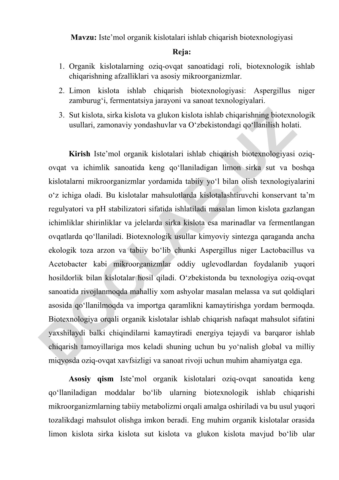 Iste’mol organik kislotalari ishlab chiqarish biotexnologiyasi