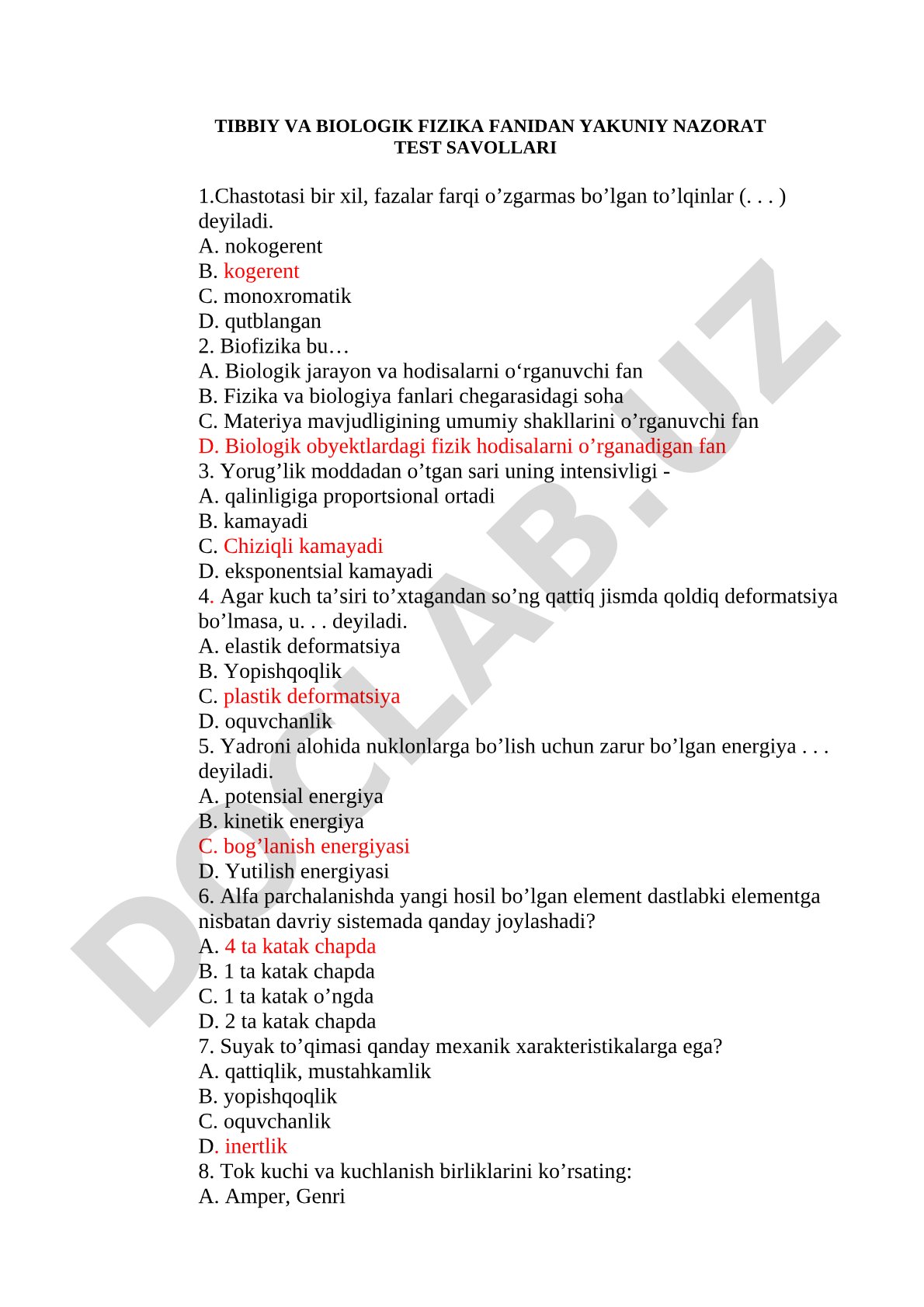 Tibbiy va biologik fizika fanidan yakuniy nazorat test savollari