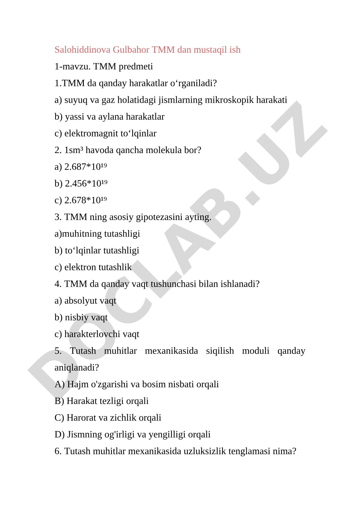 Salohiddinova Gulbahor TMM dan mustaqil ish 1-mavzu