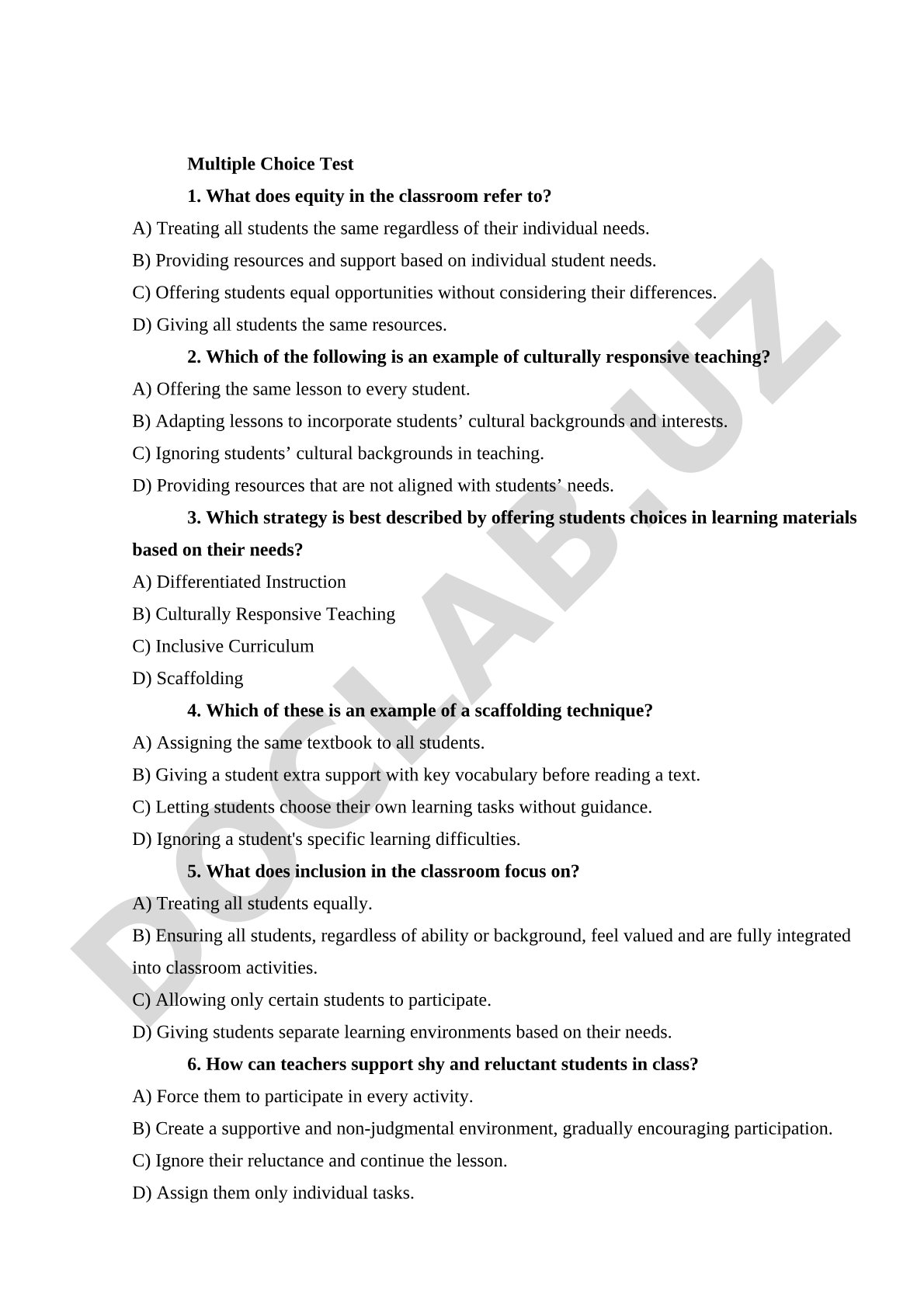 Multiple Choice Test on Equity and Culturally Responsive Teaching