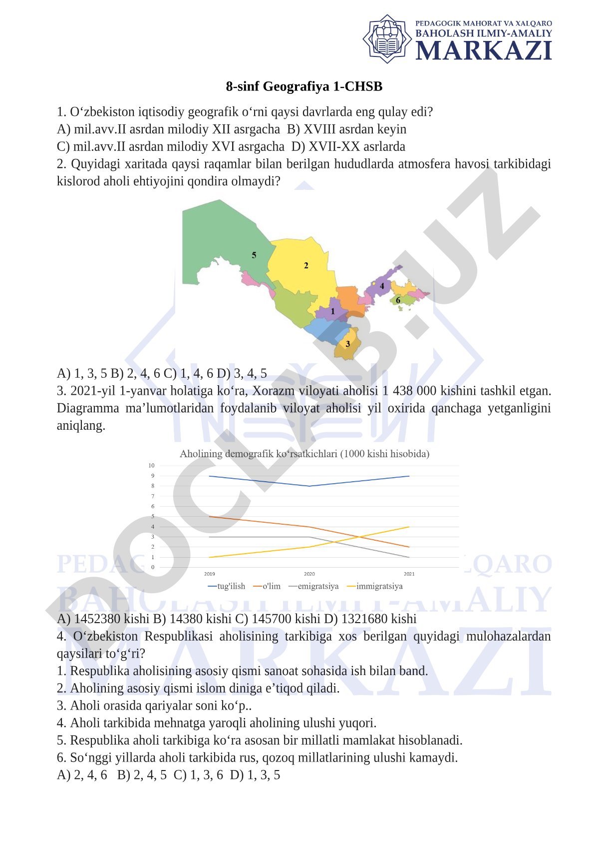 8-sinf geografiyadan 1-CHSB: iqtisodiy-geografik o'rni, atmosfera, aholi haqida testlar
