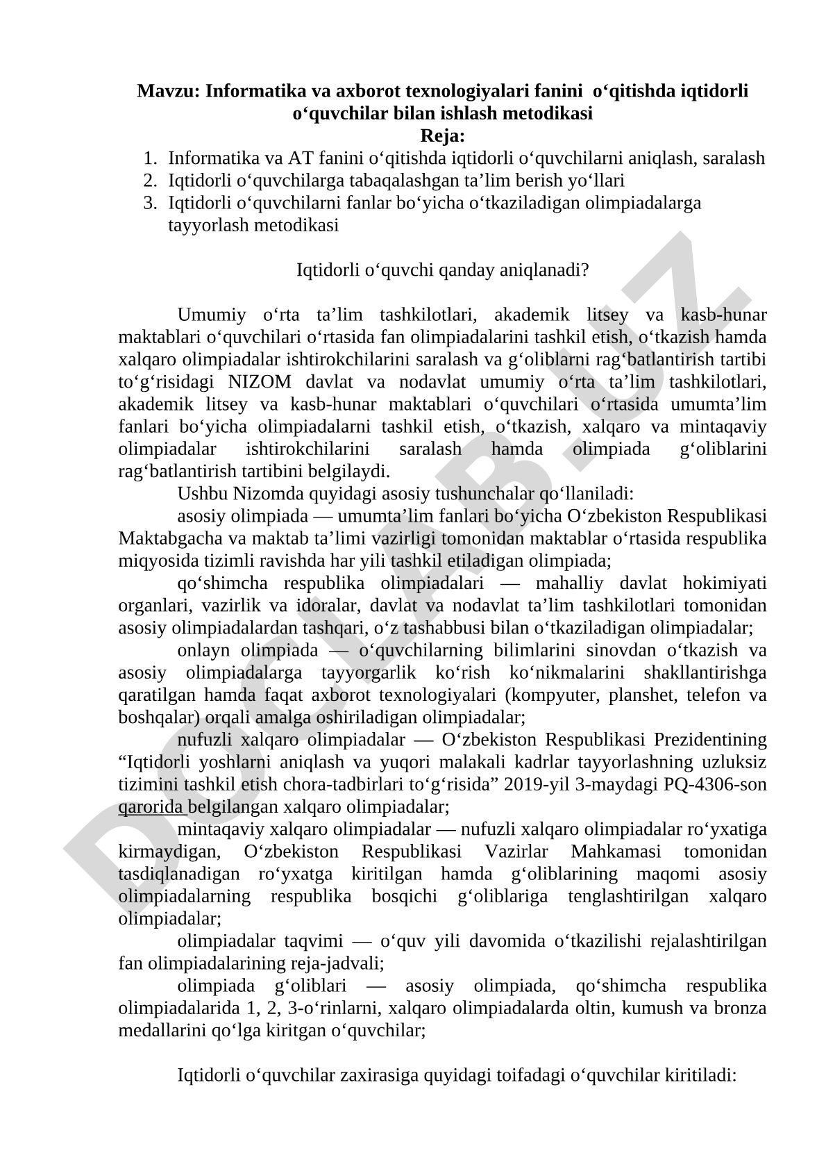 Informatika va axborot texnologiyalari fanini o‘qitishda iqtidorli o‘quvchilar bilan ishlash metodikasi