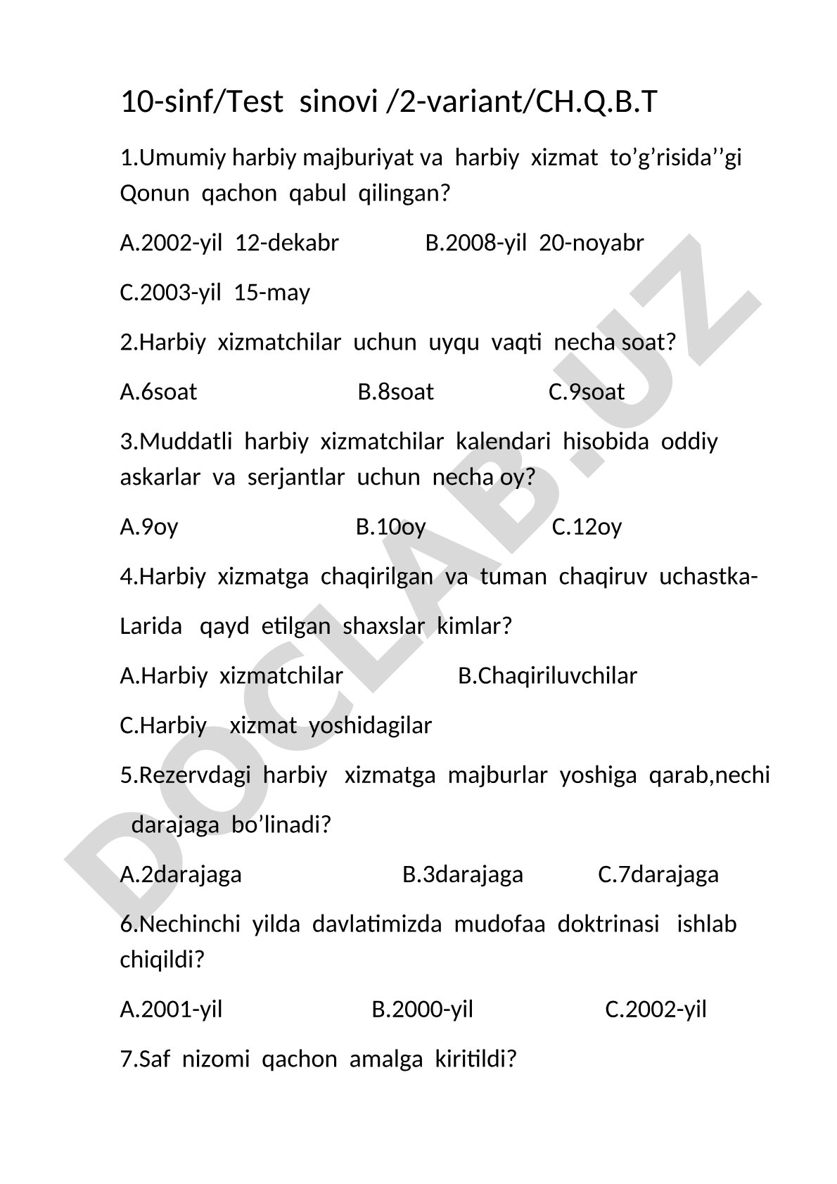 Chaqiriqqa qadar boshlang'ich tayyorgarlik fanidan test