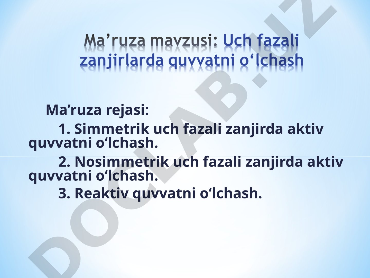 Uch fazali zanjirda aktiv va reaktiv quvvatni o‘lchash