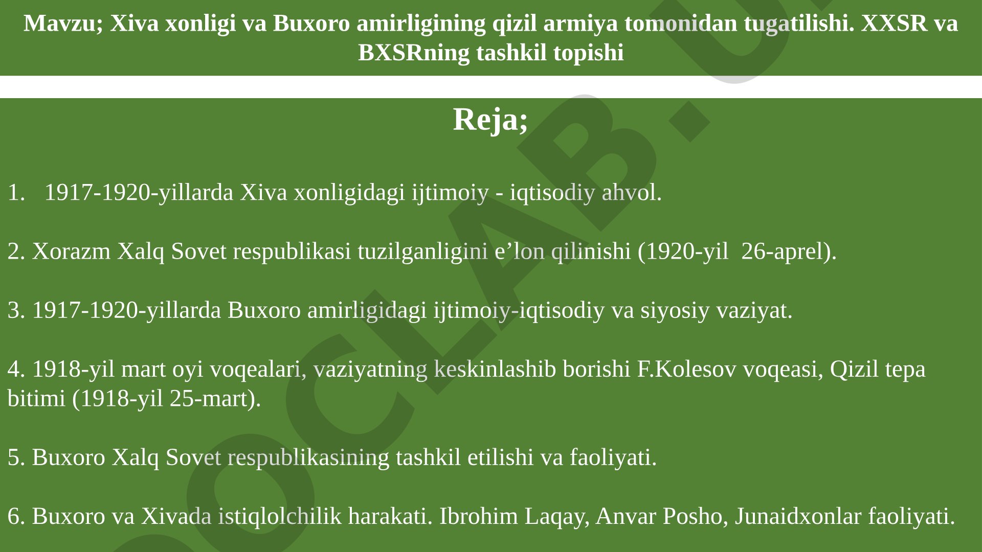Xiva xonligi va Buxoro amirligining qizil armiya tomonidan tugatilishi. XXSR va BXSRning tashkil topishi