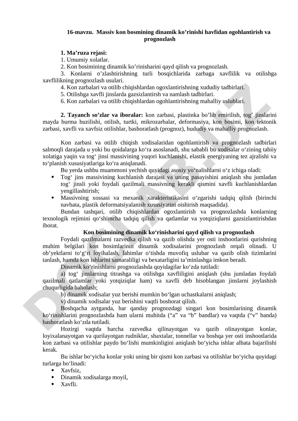 Massiv kon bosimining dinamik ko'rinishi xavfidan ogohlantirish va prognozlash