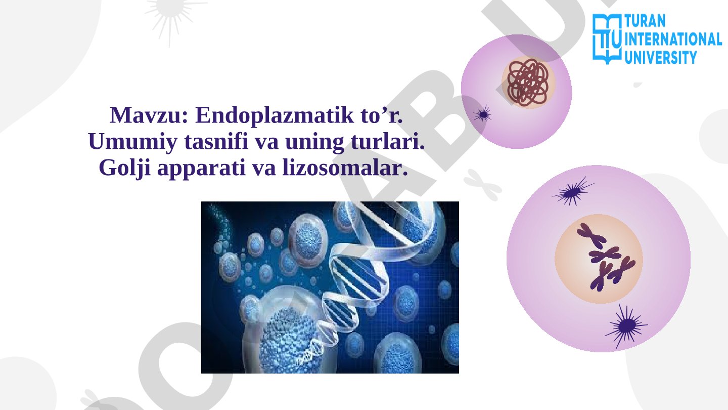 Endoplazmatik to’r. Umumiy tasnifi va uning turlari. Golji apparati va lizosomalar