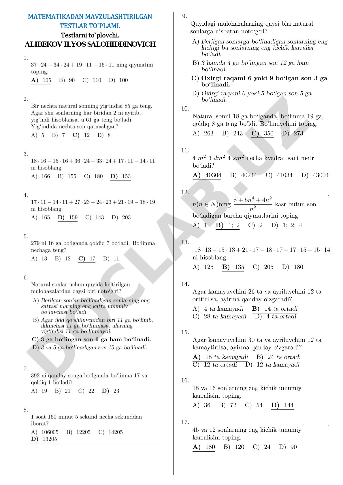 Matematikadan mavzulashtirilgan testlar to'plami