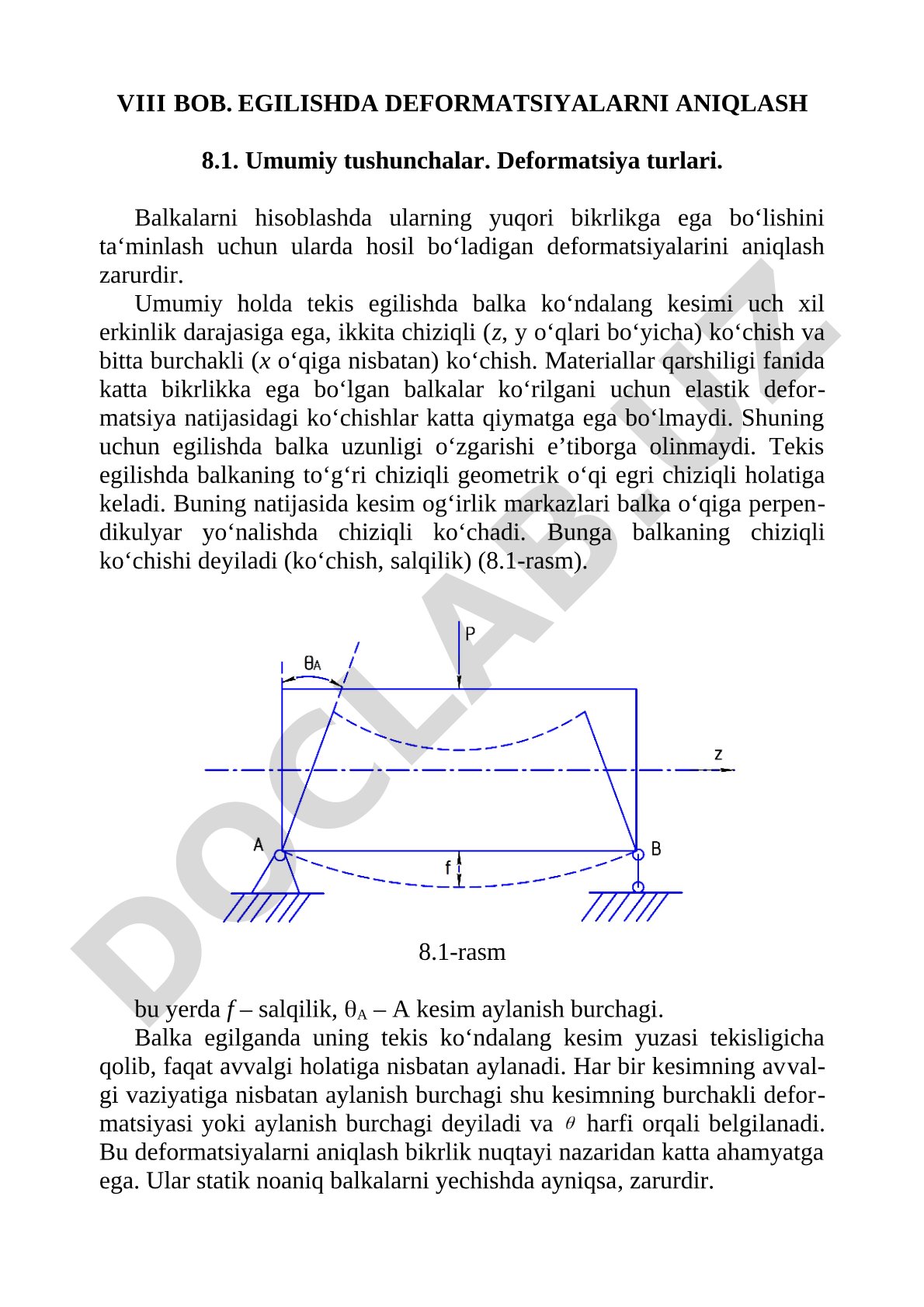 Balkalarda egilish deformatsiyalari, salqilik va burchak ko'chishlar haqida umumiy