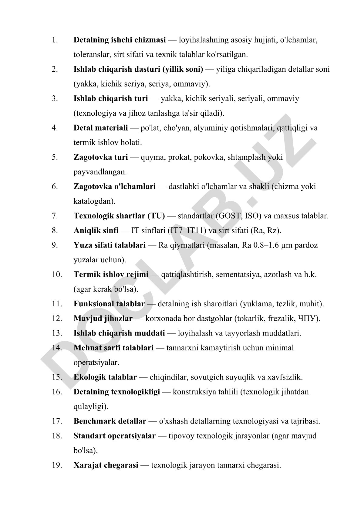 Detalning ishchi chizmasi va texnologik talablar