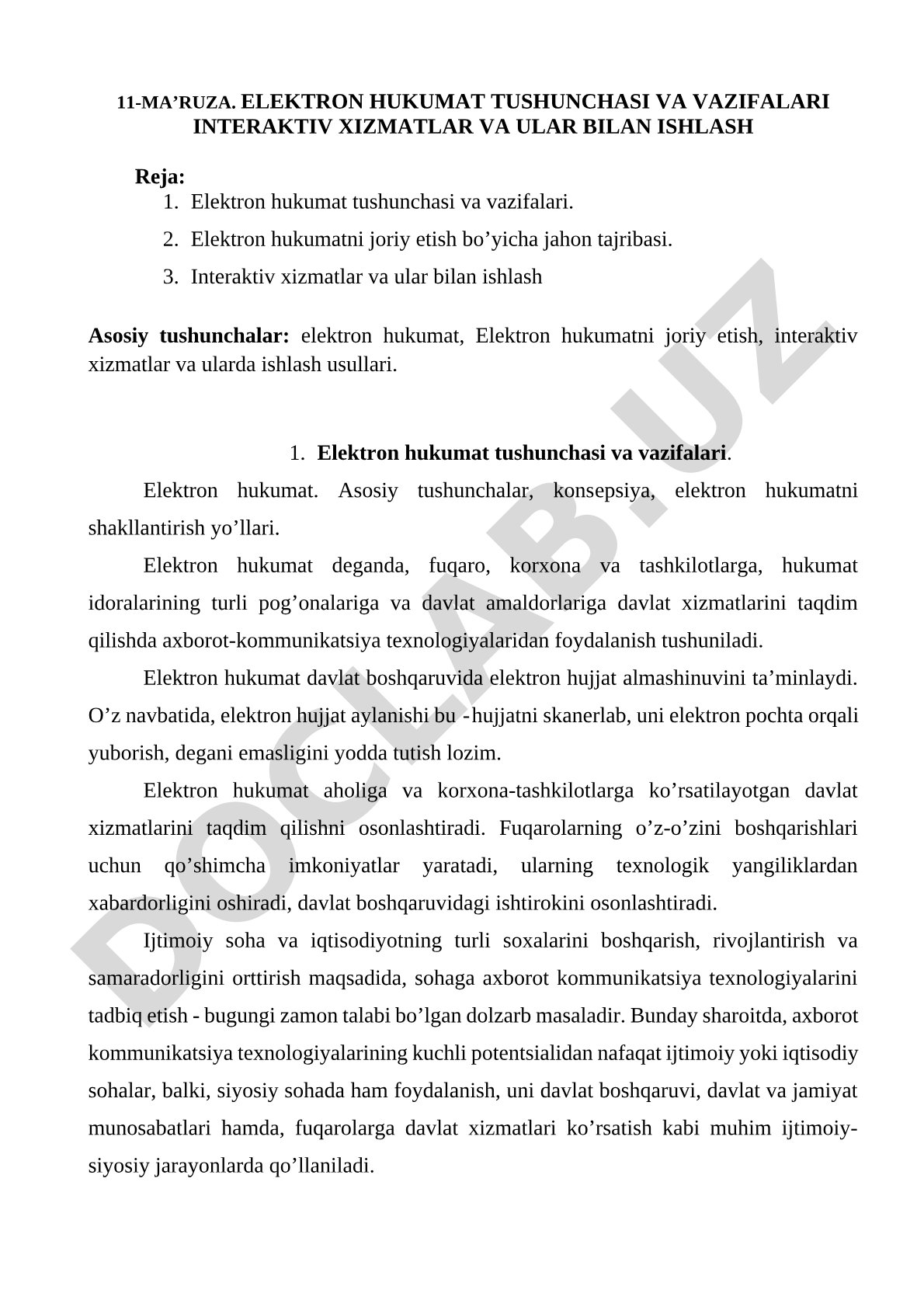 Elektron hukumat tushunchasi, vazifalari va interaktiv xizmatlar bilan ishlash